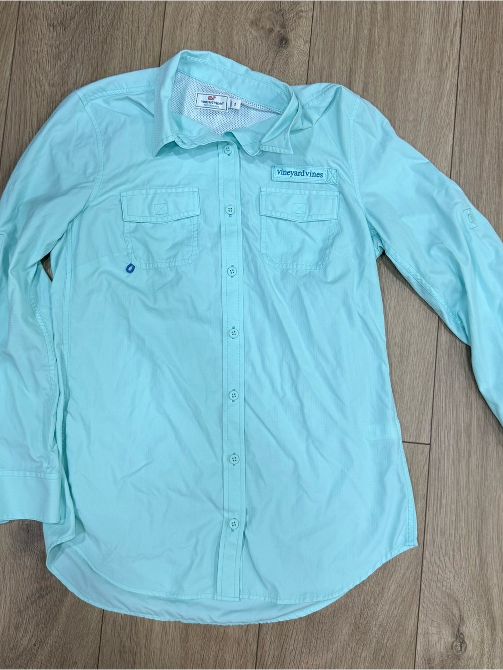 Vineyard Vines Performance Button Down Fishing Shirt Aqua Blue Size 2